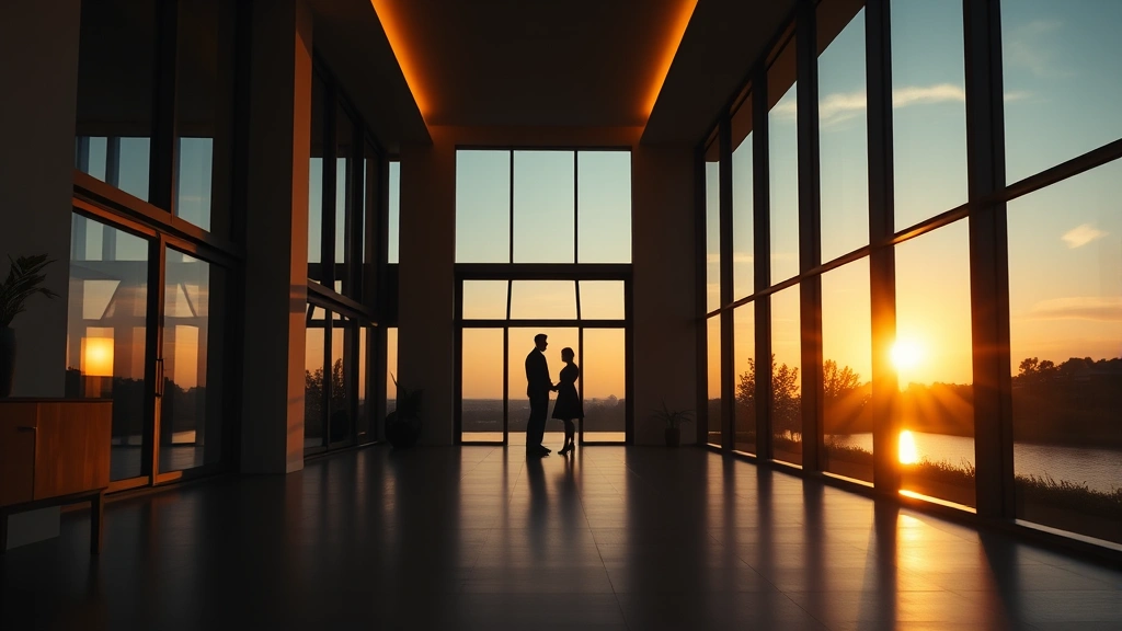 Wide shot of contemporary luxury home interior at sunset, golden hour light streaming through floor-to-ceiling windows, two silhouettes visible in middle distance, architectural elements emphasizing scale and emotional distance, cinematic composition