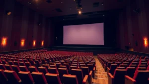 Modern movie theater auditorium interior with stadium seating, warm ambient lighting, large projection screen, no people visible, professional cinema environment