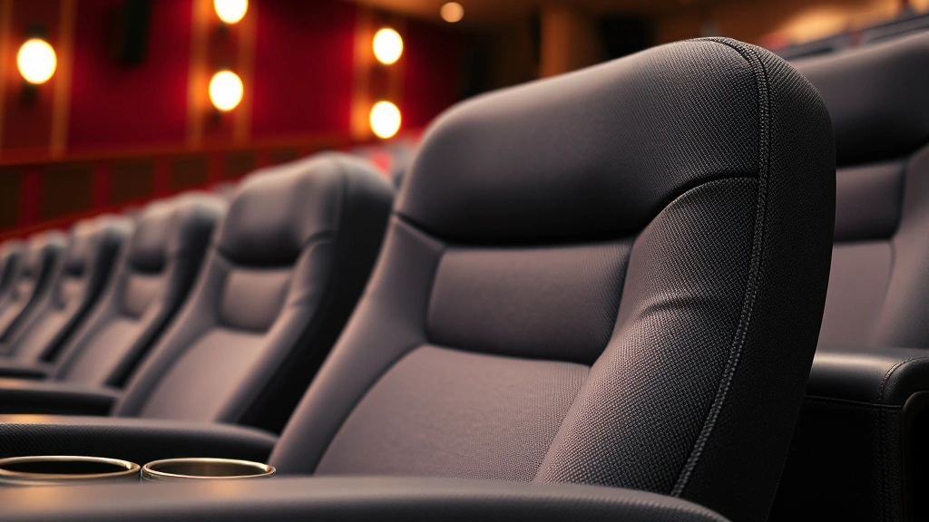 Close-up of comfortable theater seat with premium upholstery, cup holder visible, warm theater lighting in background, empty auditorium setting