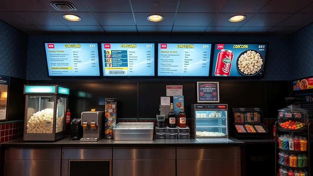 Cinema concession counter with illuminated menu boards, popcorn machine, beverage dispensers, and candy displays, professional theater atmosphere, no staff or customers