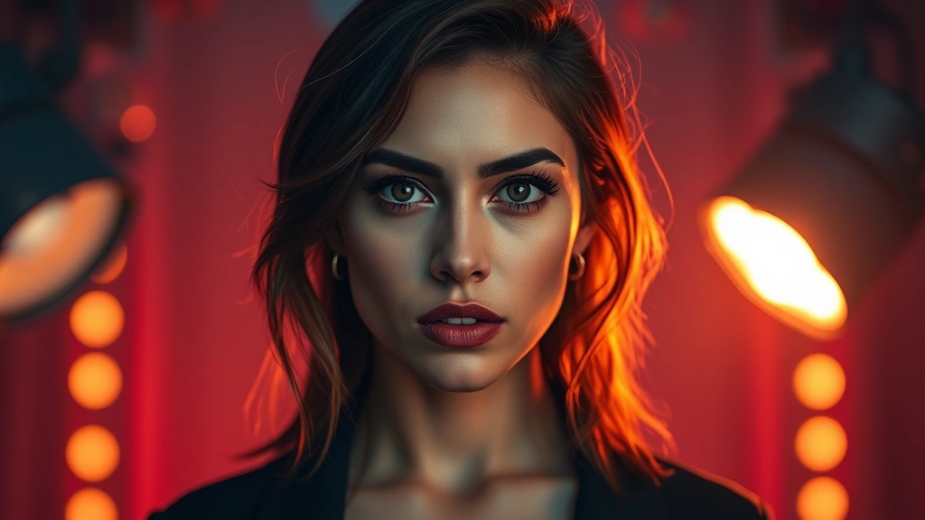 Professional female actor in dramatic lighting, intense emotional expression, modern studio setting, warm color grading, cinematic portrait photography, Latin American features, theatrical makeup and styling