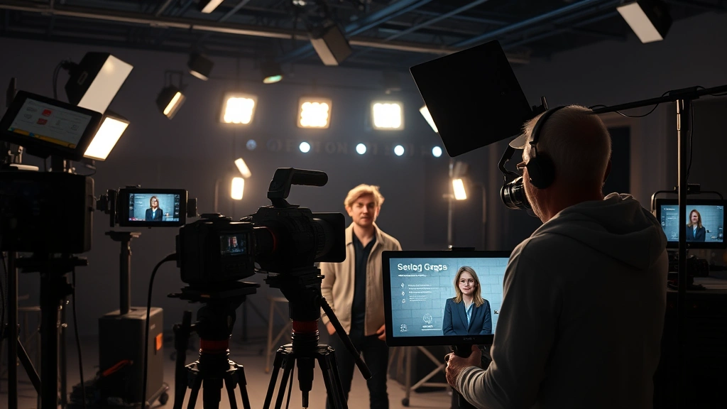 Contemporary streaming production setup with professional lighting rigs, actor on set with director, digital monitors showing footage, modern production design, collaborative creative environment, behind-the-scenes authentic moment