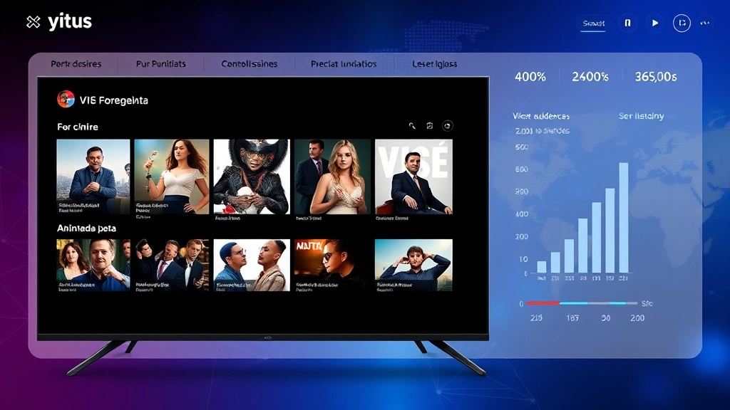 Diverse streaming platform interface display showing Spanish-language content thumbnails, global audience statistics visualization, digital media ecosystem representation, modern tech aesthetic, no text or readable interface elements