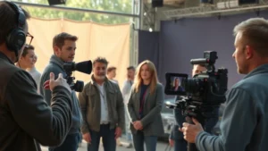 Professional film set with actors and crew collaborating during dramatic scene shooting, natural lighting, cinematographer adjusting camera angles, emotional performance moment captured in production environment