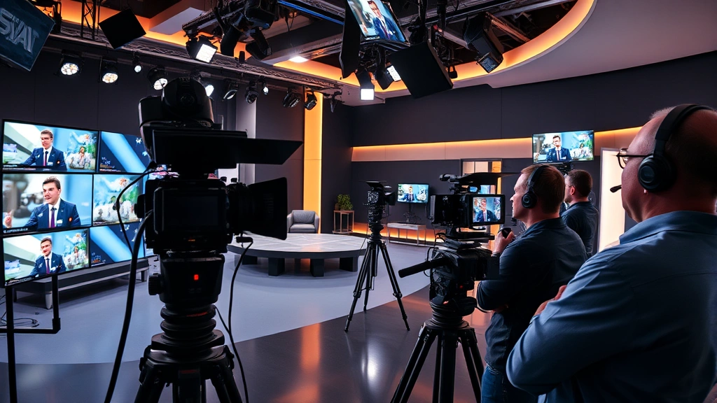 Modern television studio with advanced digital equipment, multiple camera setups, director reviewing performance monitors, contemporary production technology and professional crew coordination