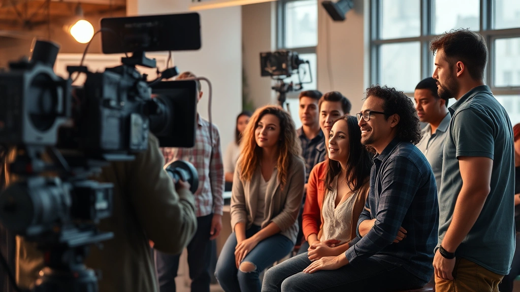 Streaming platform content production scene showing modern filmmaking techniques, diverse ensemble cast in collaborative environment, contemporary storytelling and production design elements