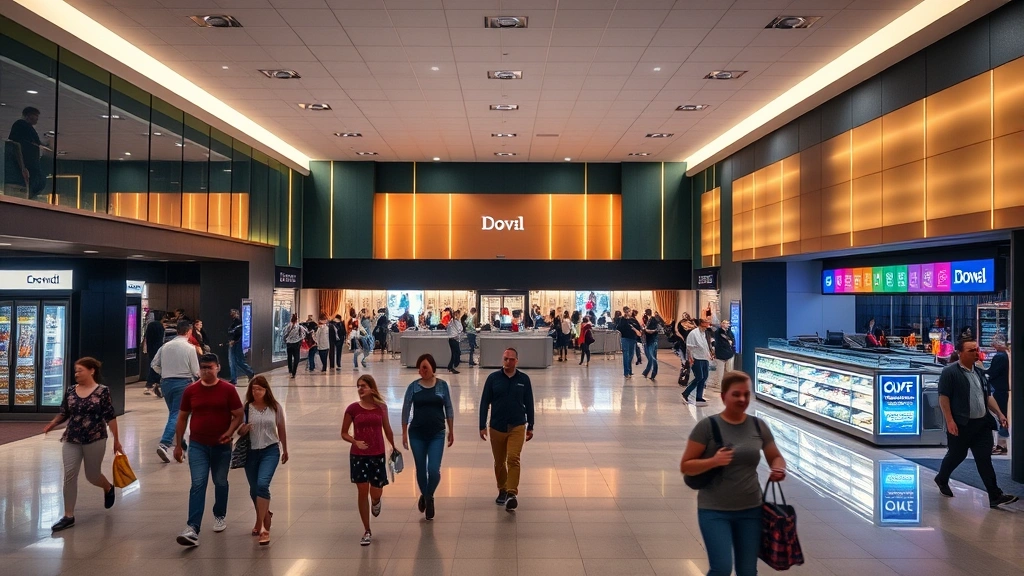 Modern multiplex theater lobby with contemporary lighting, concession counter in background, diverse patrons walking through spacious entrance area, natural and artificial lighting creating inviting atmosphere, no text visible
