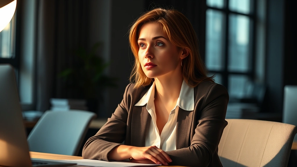 Professional actress in dramatic lighting, sitting at desk with thoughtful expression, modern office setting, natural window light, contemporary professional wardrobe, focused and introspective mood