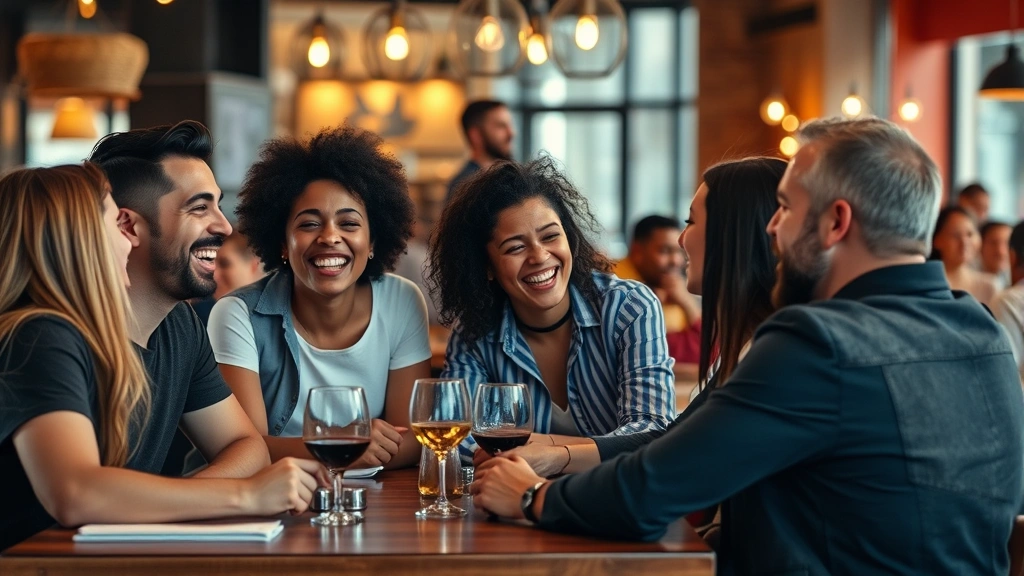 Diverse group of people laughing together at a table in casual restaurant setting, warm ambient lighting, natural interactions and genuine joy, modern casual clothing, candid moment captured