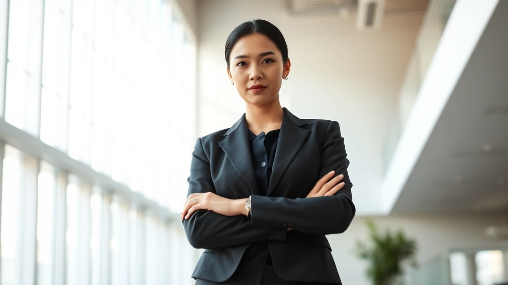 Woman in business professional attire standing confidently in modern architectural space, natural daylight streaming through windows, calm determined expression, contemporary minimalist background