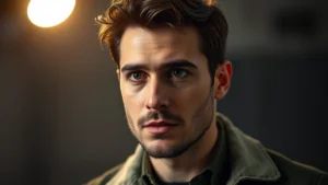 Professional actor in intense dramatic scene wearing contemporary clothing, focused expression showing emotional depth, modern studio lighting, photorealistic cinematic quality, no text or interfaces visible, close-up character study style