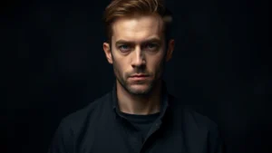 Professional headshot of intense male actor in modern studio lighting, serious contemplative expression, wearing neutral dark clothing, photorealistic cinematic quality, moody atmospheric background