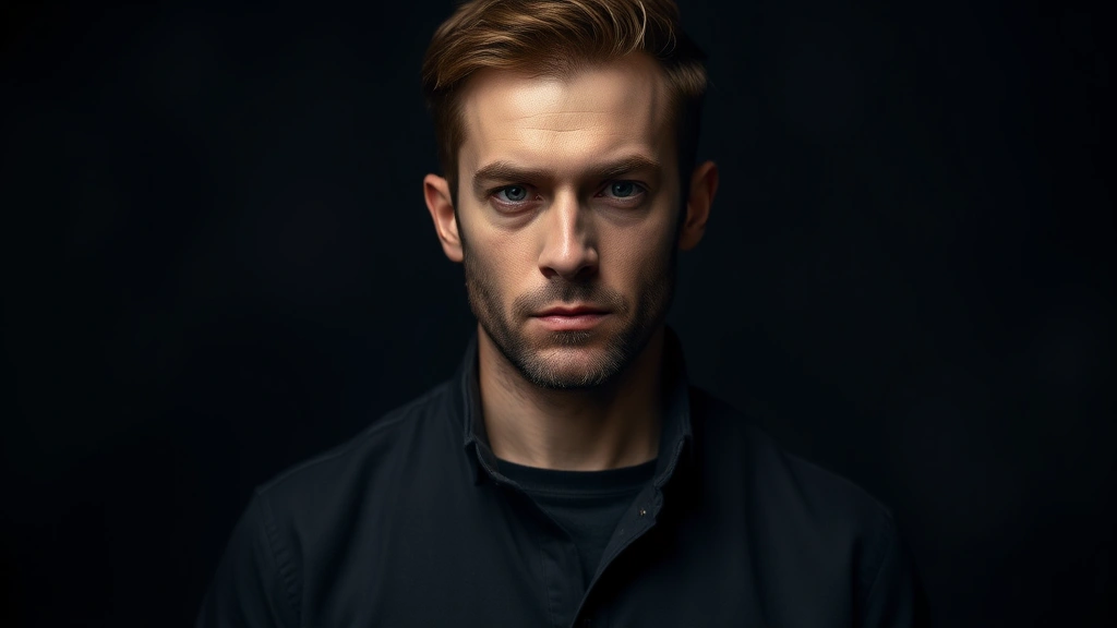 Professional headshot of intense male actor in modern studio lighting, serious contemplative expression, wearing neutral dark clothing, photorealistic cinematic quality, moody atmospheric background