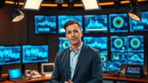 Professional male television presenter in modern broadcast studio with scientific equipment and monitors displaying data visualizations in background, warm professional lighting, serious thoughtful expression, no text visible