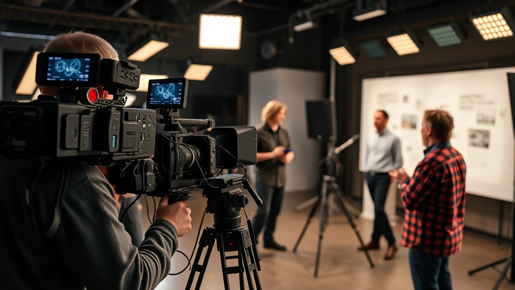 Documentary film production scene with camera crew filming scientific demonstration or interview in professional setting, modern equipment and lighting rigs, focused creative atmosphere, no visible text or interface elements