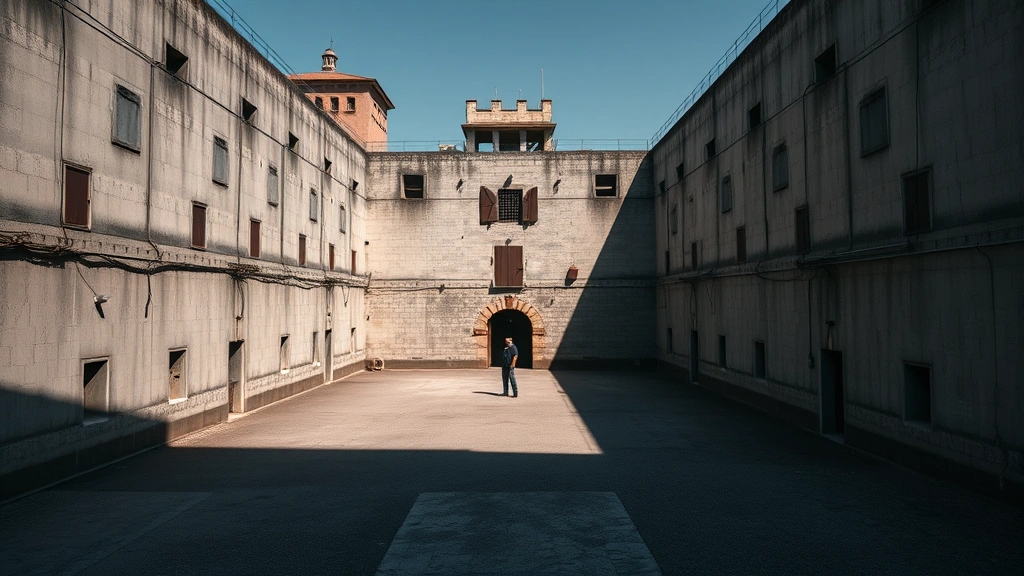 Wide shot of a stark prison courtyard with high concrete walls, harsh natural lighting casting long shadows, a lone figure standing in the center, Mediterranean architectural style, gritty and desolate atmosphere, photorealistic, no text or signage visible
