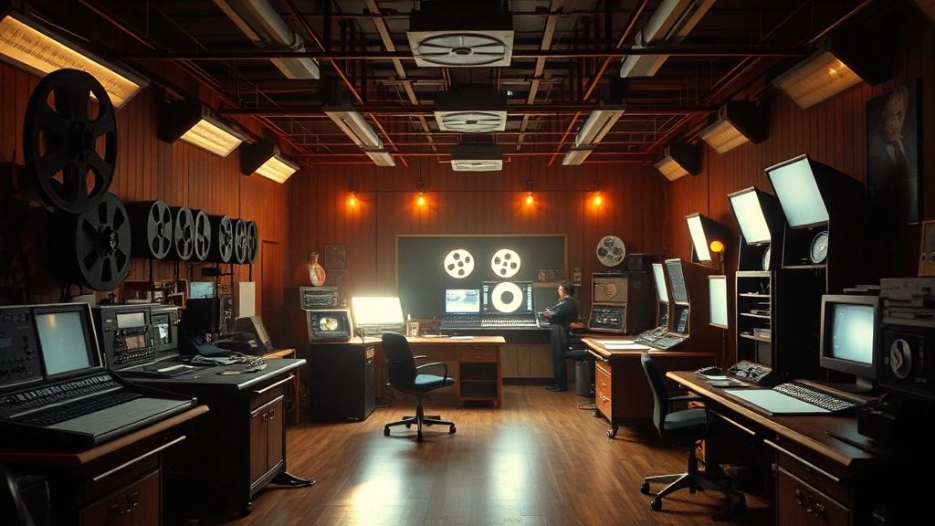 Cinematic scene of a film editing bay from the 1970s era showing reels of film, light tables, and technical equipment in soft focus, representing the technical mastery of the film's production, warm tungsten lighting, photorealistic detail