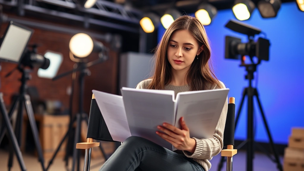 Young female actor in modern film production setting, sitting on director's chair with script in hand, professional studio lighting, contemporary entertainment environment, focused expression studying dialogue