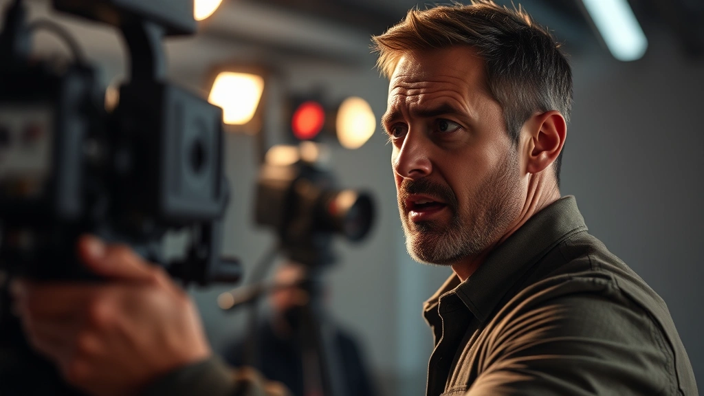 Actor during intense dramatic scene, emotional performance capture, professional cinema lighting highlighting facial expressions, modern film set with equipment visible in soft focus background, authentic character immersion