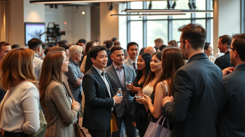 Entertainment industry professional networking event, diverse cast and crew members in conversation, modern venue setting, contemporary media production environment, collaborative creative atmosphere with professional attire