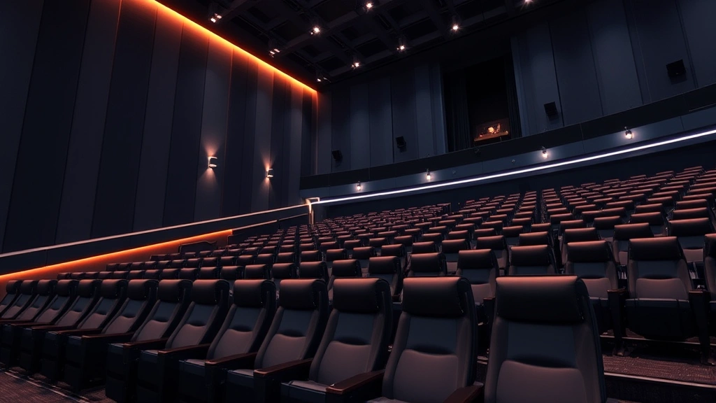 Modern multiplex theater interior with comfortable reclined seating, warm ambient lighting, and sleek architectural design, emphasizing premium theater amenities and contemporary cinema environment
