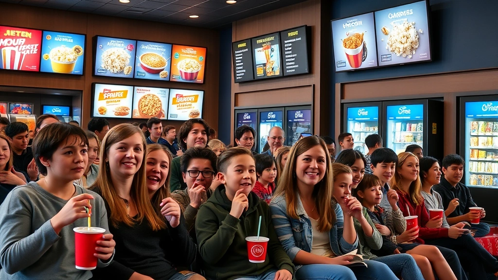 Diverse audience members of various ages enjoying popcorn and beverages in a theater lobby with modern concession displays and digital menu boards showing premium snack options