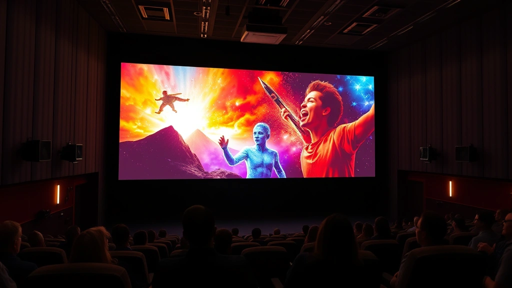 Theater auditorium with large projection screen displaying vibrant cinematic visuals, advanced sound system visible, audience silhouettes in comfortable seats, showcasing immersive theatrical experience technology