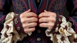 Close-up of elaborate period costume fabric with intricate embroidery details and rich jewel tones, hands adjusting ornate buttons, soft studio lighting highlighting texture and craftsmanship