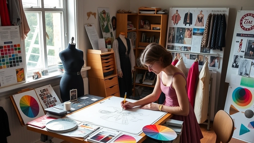 Costume designer sketching at drafting table surrounded by fabric swatches, color wheels, and reference images, natural window light illuminating detailed design work and creative process