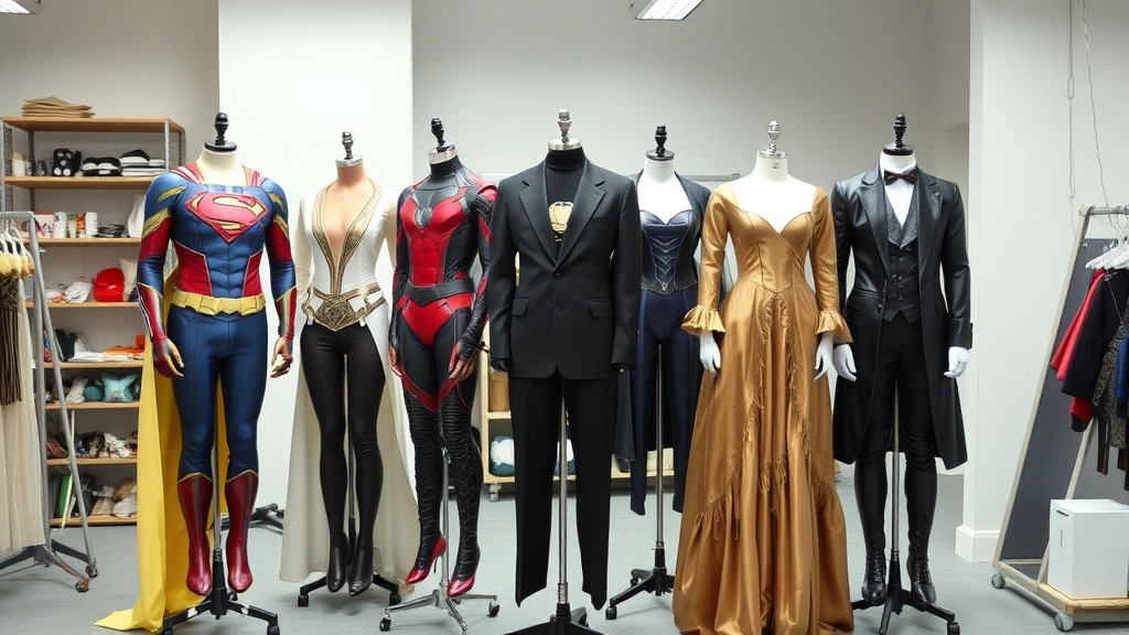 Diverse costume pieces displayed on dress forms in a design studio—from superhero suits to historical gowns to modern streetwear—showcasing range of character costume design across genres