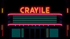 Minimalist movie theater marquee with neon lettering and bold typography, dark background with vibrant accent colors, no text visible, digital design aesthetic