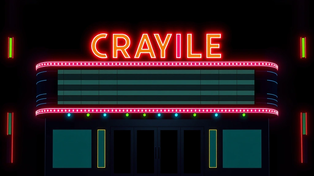 Minimalist movie theater marquee with neon lettering and bold typography, dark background with vibrant accent colors, no text visible, digital design aesthetic