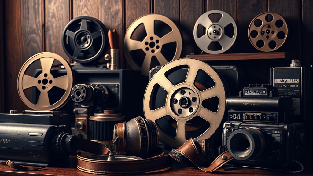 Retro vintage film reel and cinema equipment arranged artistically, golden age Hollywood aesthetic with classic colors, photorealistic rendering, no text or logos