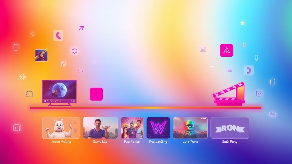 Abstract streaming platform interface elements with movie-themed visual symbols, gradient backgrounds, modern digital design, colorful and dynamic composition, no readable text