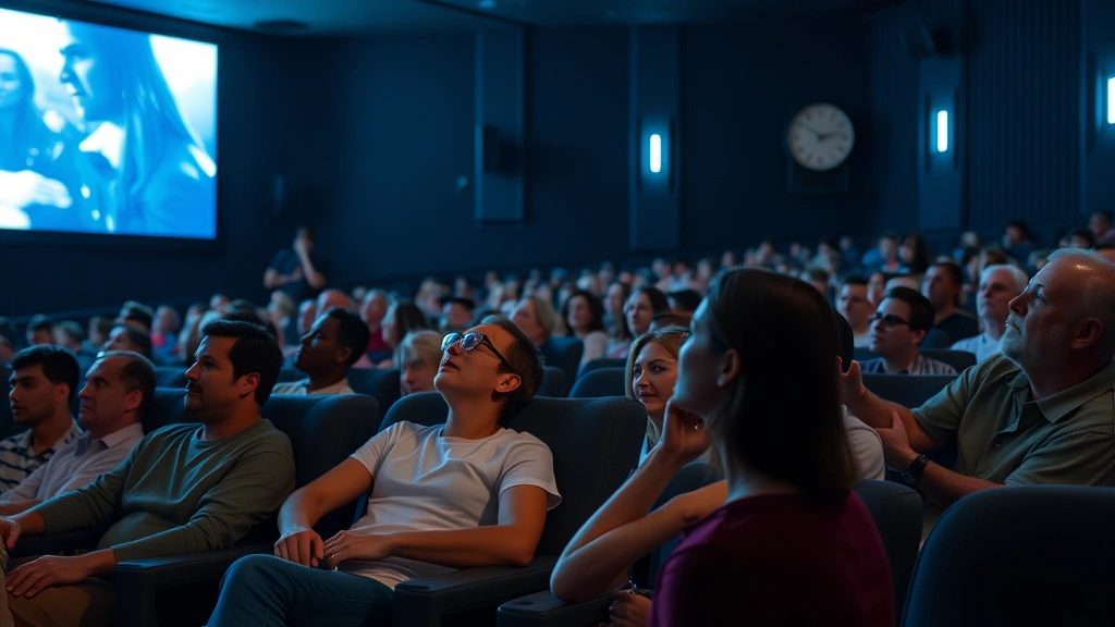 Crowded movie theater audience seated in comfortable reclined seating, watching film projection on large screen, atmospheric blue-tinted lighting, engaged viewers from various ages, professional cinema environment