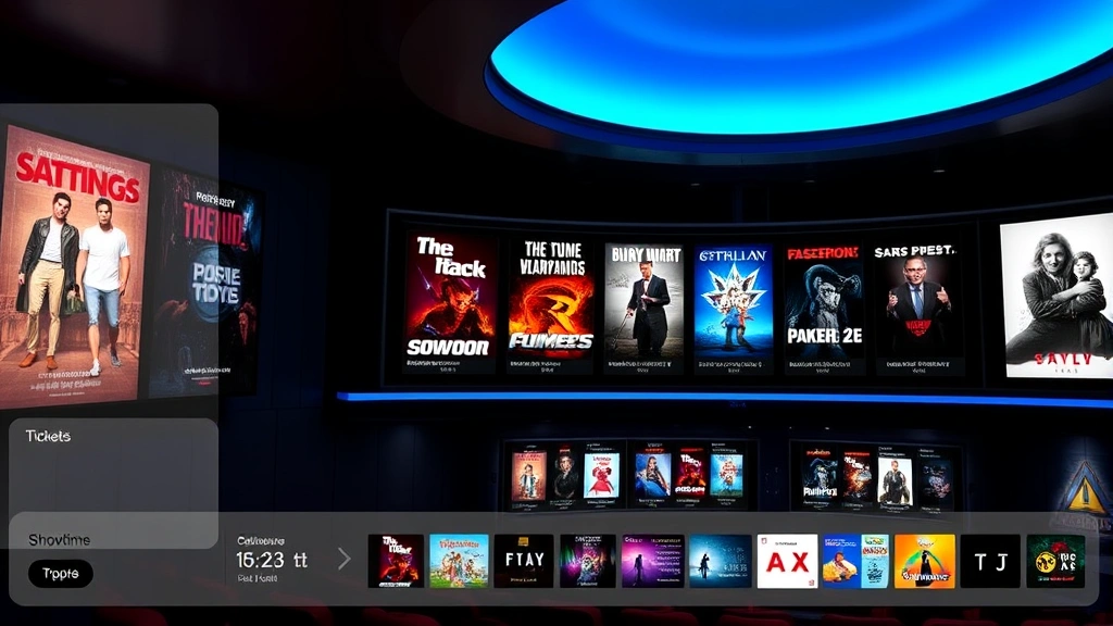 Digital movie theater interface showing multiple film posters, showtimes displayed on sleek screens, modern ticketing system, cinema navigation technology, entertainment planning interface with various movie options