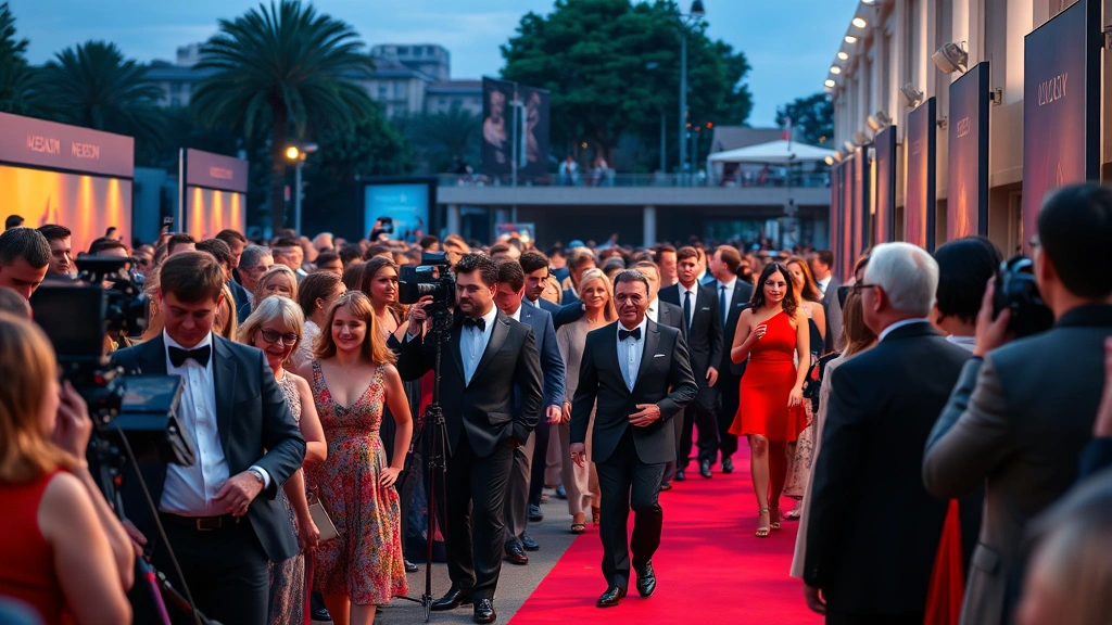 Diverse crowd of people at an elegant movie premiere, wearing formal attire, walking red carpet with professional cameras and media equipment capturing the event in real-time, vibrant evening lighting