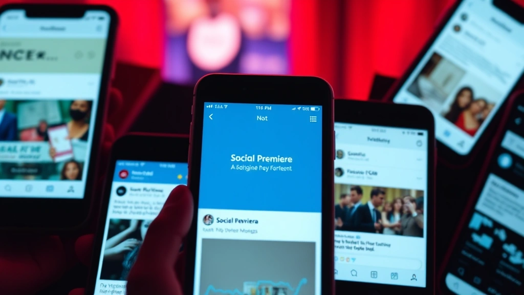 Multiple smartphone screens displaying social media platforms showing movie premiere hashtags trending, engagement metrics, and real-time audience conversations across different apps simultaneously