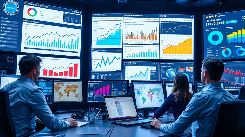 Film industry professionals in a modern analytics command center monitoring large digital displays showing real-time social sentiment graphs, demographic engagement charts, and box office prediction models with data visualizations