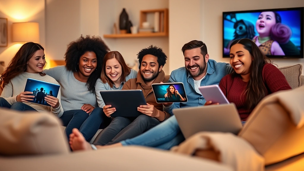 Diverse group of people of different ages and ethnicities watching movies together on various devices including tablet, laptop, and smart TV in a modern living room with comfortable seating and warm lighting, showing genuine enjoyment and engagement