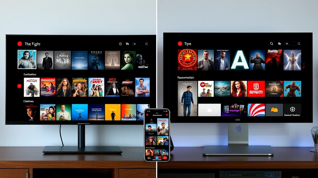 Split-screen comparison showing streaming platform interfaces on different screens including smart TV, smartphone, and desktop computer, displaying colorful movie thumbnails and recommendation sections without any visible text or identifiable content