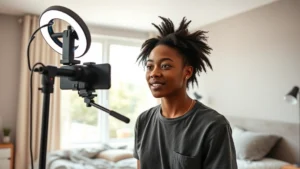 Young diverse content creator filming themselves in modern bedroom studio setup with ring light and professional smartphone mount, capturing authentic moment for social media, natural daylight from window, casual clothing, focused expression