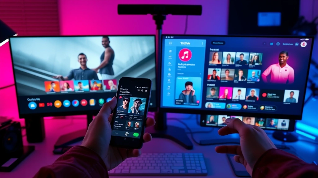Split screen showing streaming platform interface on left and TikTok feed on right, hands holding phone scrolling through trending creator content, modern desk environment with multiple devices, cool color grading, no visible text or usernames