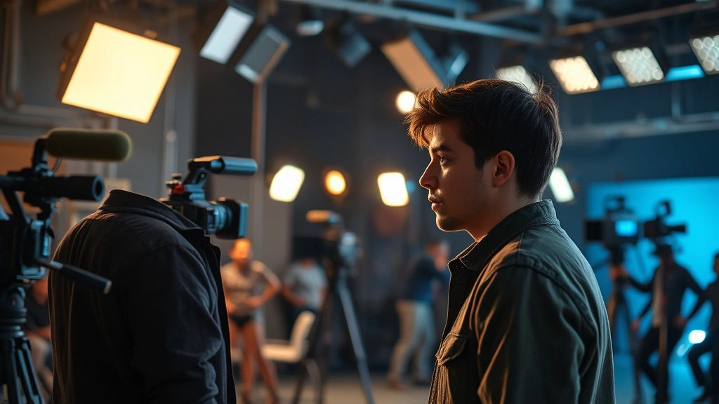 Film production set with young actor receiving direction from director, professional lighting rigs overhead, cameras and crew in background, moment of intense concentration during scene rehearsal, cinematic lighting, representing transition from digital to traditional entertainment