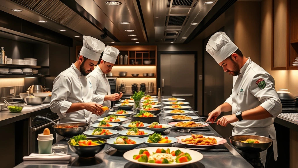 Professional kitchen staff preparing gourmet appetizers and entrees in open-concept theater restaurant kitchen, chefs in white uniforms, fresh ingredients, professional cookware, sophisticated food presentation, integrated hospitality and cinema operations environment
