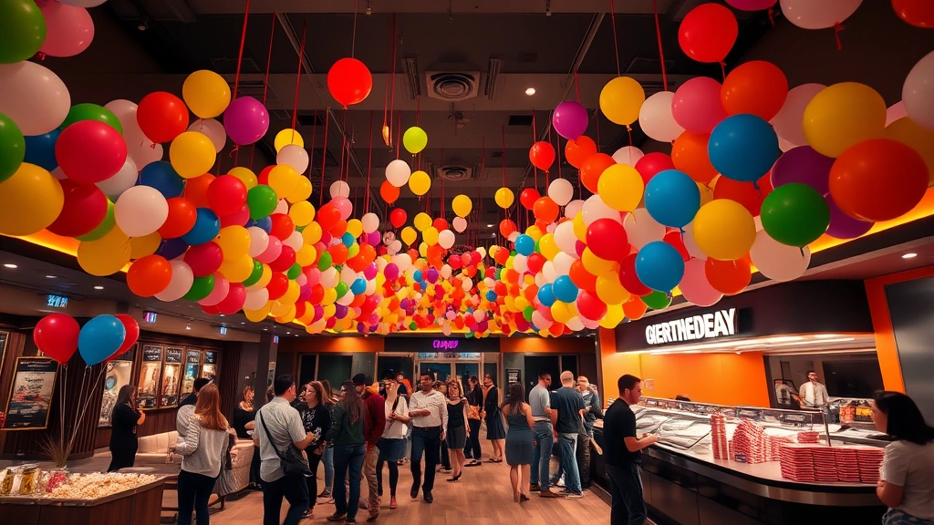 Wide shot of modern theater lobby filled with colorful balloons and birthday decorations, guests mingling near concession counter with popcorn and drinks, warm lighting creating celebratory ambiance, no text visible