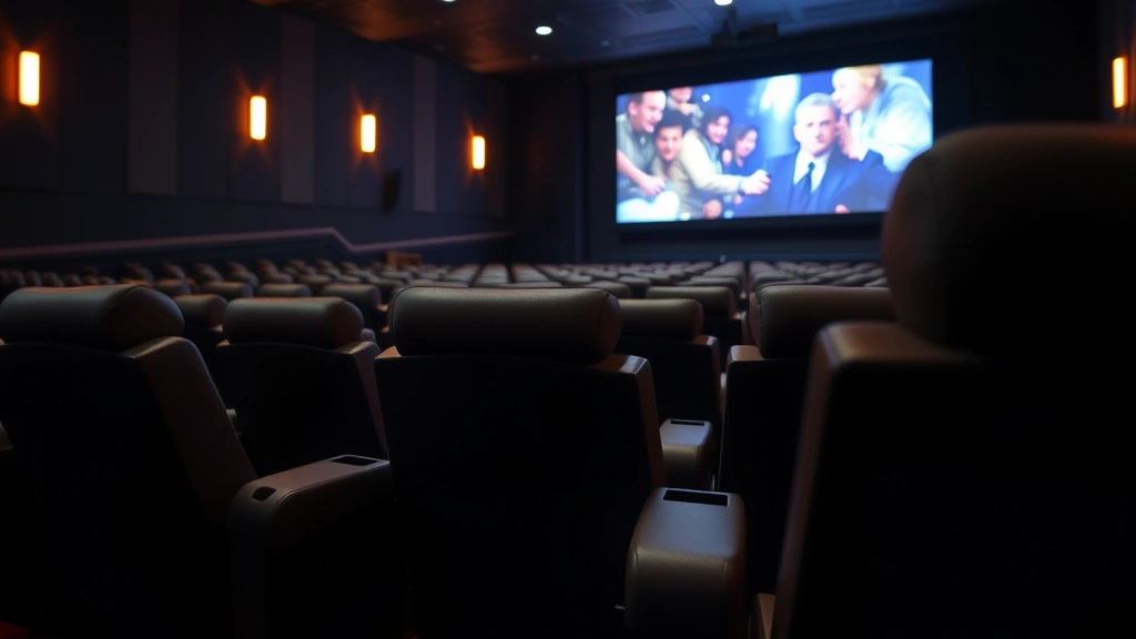 Close-up of theater seating with reserved section setup, comfortable recliners arranged for group gathering, soft ambient lighting highlighting empty seats ready for guests, theater screen visible in background showing movie previews