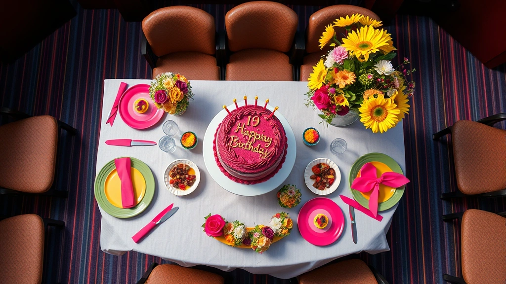 Overhead view of birthday cake and desserts displayed on decorated table in theater party room, colorful plates and napkins arranged, festive centerpieces surrounding food, natural lighting showing cake details, no signage or text