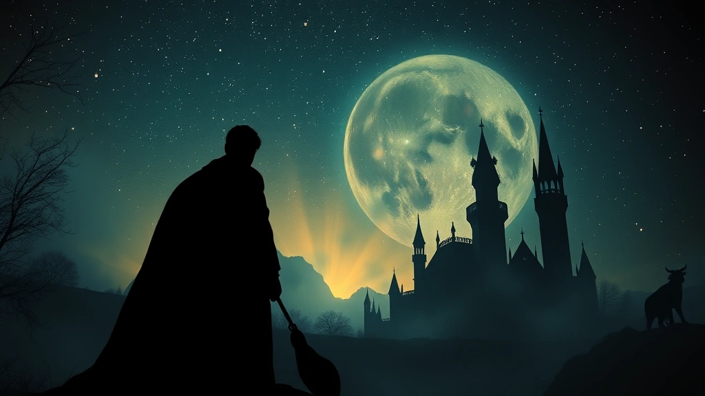 Vintage horror movie poster aesthetic showing dramatic silhouettes against starry night sky, gothic castle architecture in background, ethereal magical effects, dark cinematic mood, photorealistic digital art, no readable text