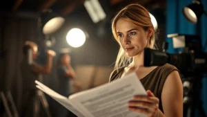 Female actor in professional film studio setting with dramatic lighting, serious expression, reviewing script pages, cinematic atmosphere, film equipment visible in soft focus background